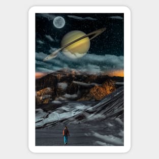 Journey into the Night: Artwork of a Man Walking under a Starry Sky Sticker